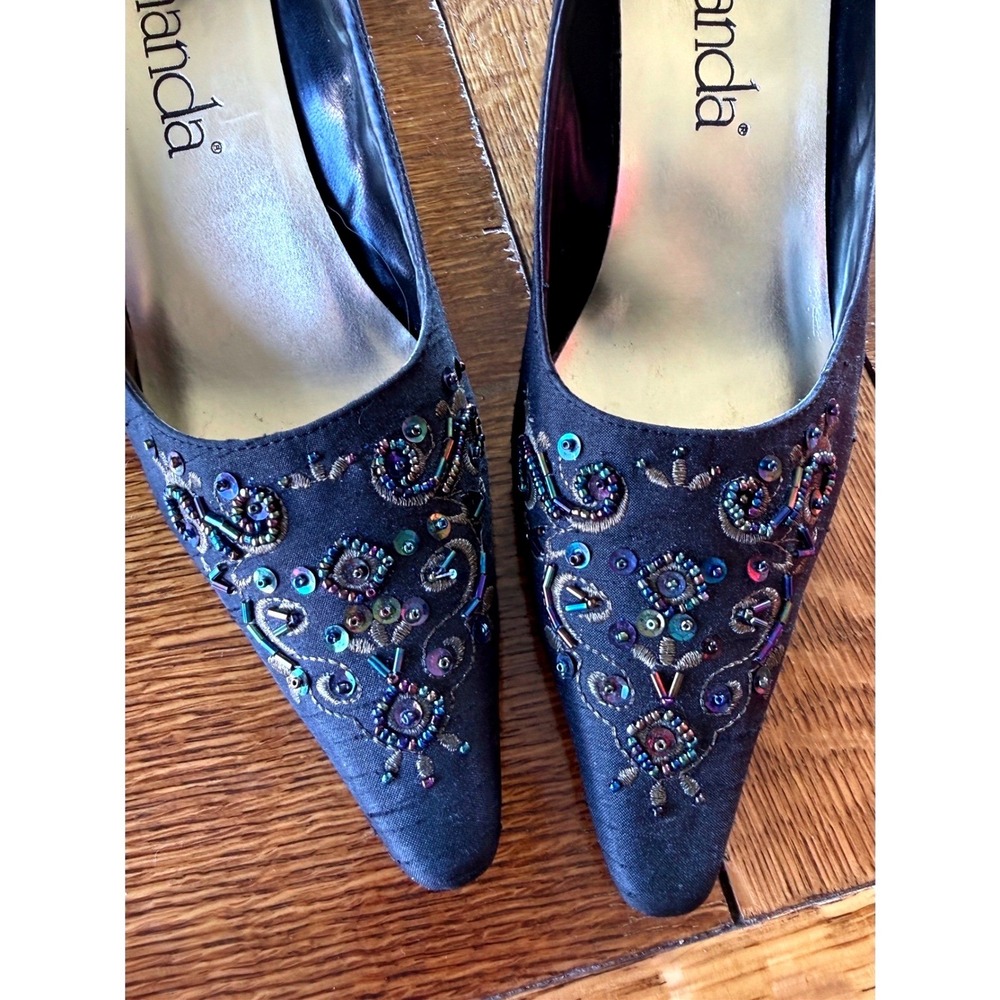 Vintage Y2K Black Shantung Beaded Sequin Formal Evening Kitten Heel Pumps Sz 8.5